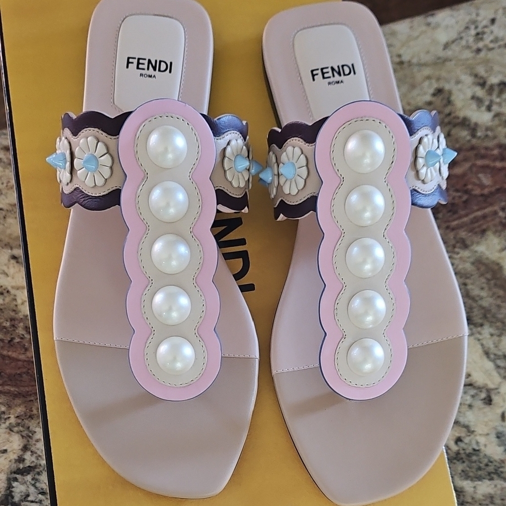 Fendi Women's Pink and Cream Sandals with Pearl Details - Picture 2 of 9